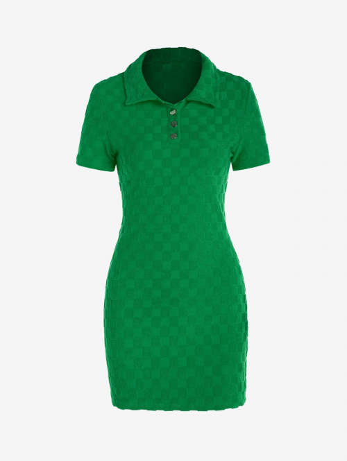 Mini Dress Checkerboard Terry Cloth Textured Collared Dress M Green