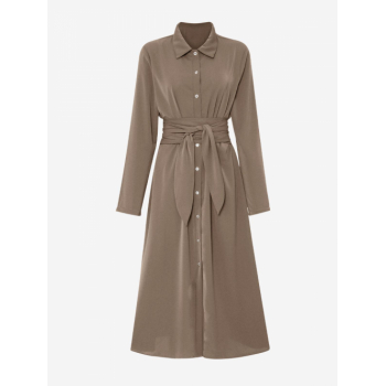 Casual Tie Waist Long Sleeve Midi Shirt Dress S Light coffee