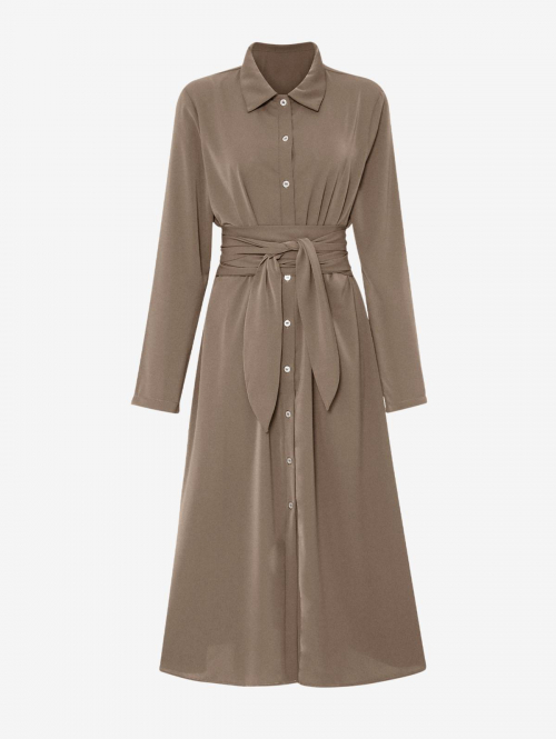 Casual Tie Waist Long Sleeve Midi Shirt Dress S Light coffee