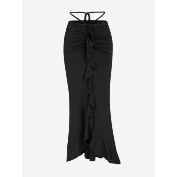 Women's Sexy Elegant Tied Low Waisted Floss Cinched Ruched Design Flounces Ruffles Mermaid Maxi Skirt S Black