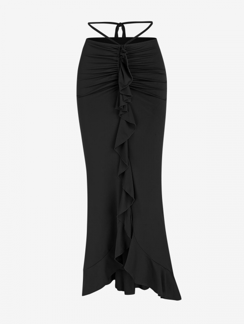 Women's Sexy Elegant Tied Low Waisted Floss Cinched Ruched Design Flounces Ruffles Mermaid Maxi Skirt S Black