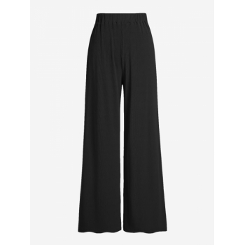 ZAFUL Women's Daily Solid Color Ribbed High Waisted Wide Leg Pull On Pants L Black