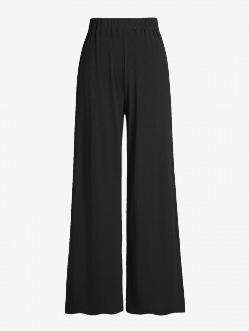 ZAFUL Women's Daily Solid Color Ribbed High Waisted Wide Leg Pull On Pants L Black