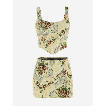 Women's Club Sexy Co Ord Floral Jacquard U Neck Corset Style Top with Micro Mini Skirt Set S Light coffee