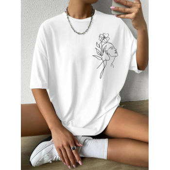 Fashion Women Tees Women's Casual Floral Figure Graphic Printed Short Sleeves Oversized T-shirt L White