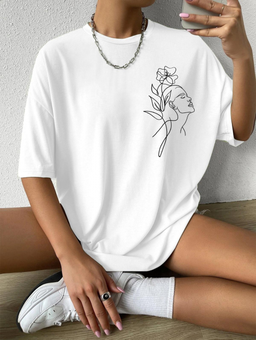 Fashion Women Tees Women's Casual Floral Figure Graphic Printed Short Sleeves Oversized T-shirt L White