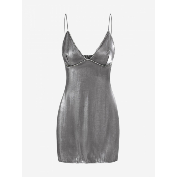 Mini Dress Women's Rhinestones Detail Shiny Open Back Spaghetti Straps Cami Slinky Mini Party Cocktail Dress L Gray