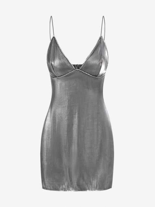 Mini Dress Women's Rhinestones Detail Shiny Open Back Spaghetti Straps Cami Slinky Mini Party Cocktail Dress L Gray