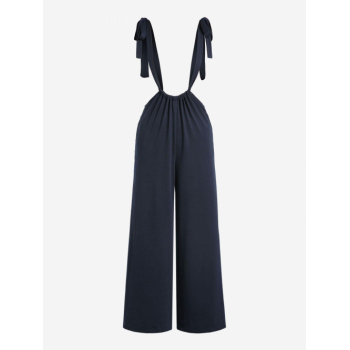 Solid Color Tie Wide Leg Casual Jumpsuit M Deep blue