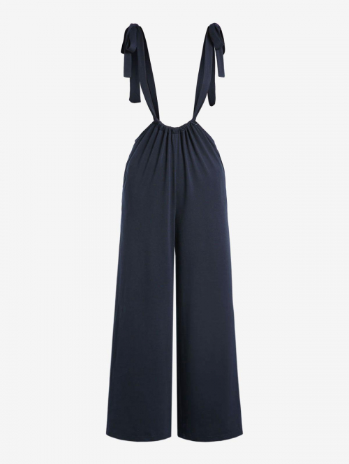 Solid Color Tie Wide Leg Casual Jumpsuit M Deep blue