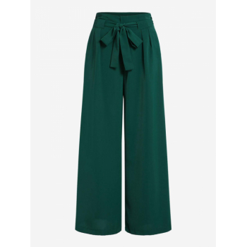 Solid Color Belt Wide Leg Flowy Pants M Green