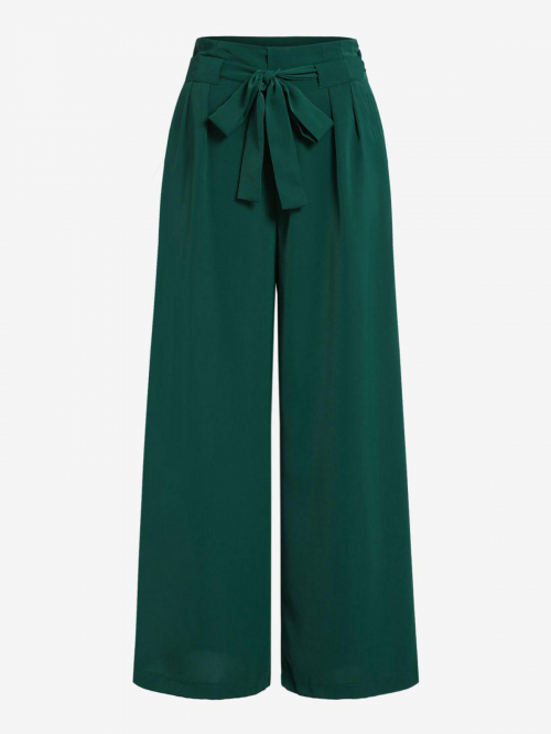 Solid Color Belt Wide Leg Flowy Pants M Green