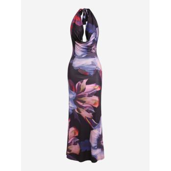 Maxi Abstract Floral Halter Backless Cowl Front Mermaid Maxi Dress M