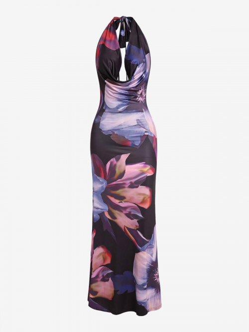 Maxi Abstract Floral Halter Backless Cowl Front Mermaid Maxi Dress M