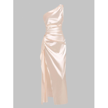 Maxi Women's Satin One Shoulder Backless Ruched Thigh Split Maxi Party Dress L Light pink