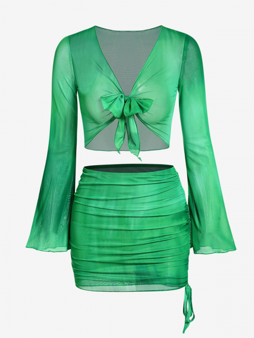 Tie Dye Mesh See Thru Flare Sleeve Cinched Mini Skirt Set S Green