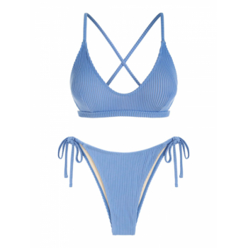 ZAFUL Textured Tie Side Criss Cross Lace Up Tanga Bikini Swimwear M Blue