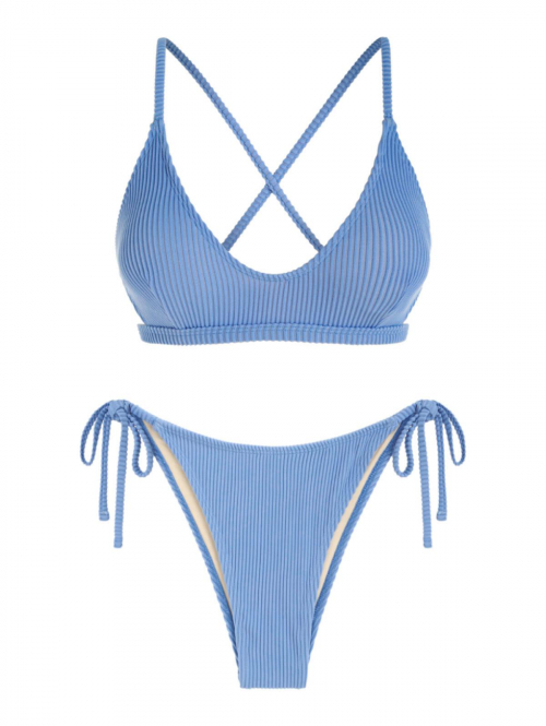 ZAFUL Textured Tie Side Criss Cross Lace Up Tanga Bikini Swimwear M Blue