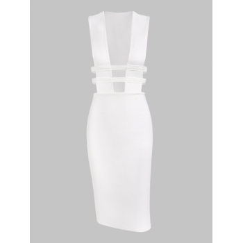 Mini Dress Plunging Lattice Midi Pencil Dress S White