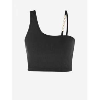 Women Tank Tops Women's Sexy Ribbed Chain Embellished Hardware Skew Collar Crop Tank Top S Black