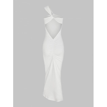 Bodycon Dress One Shoulder Ruched Open Back Slinky Midi Dress M White