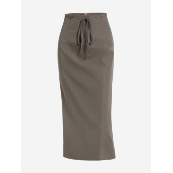 ZAFUL Women's Casual Daily Solid Color Thin Belted Pocket Midi Bodycon Skirt M Light coffee