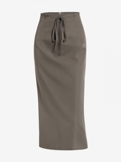 ZAFUL Women's Casual Daily Solid Color Thin Belted Pocket Midi Bodycon Skirt S Light coffee