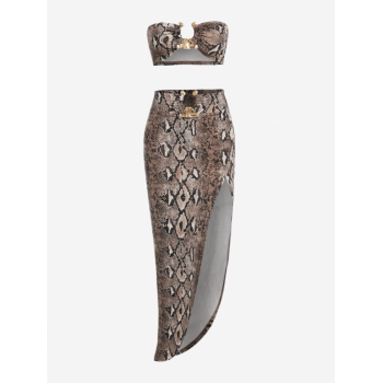 Women's Sexy Matching Two Piece Dress Metal Ring Decor Animal Snakeskin Print Bandeau Tube Top and Thigh High Split Asymmetrical Skirt Set L Coffee