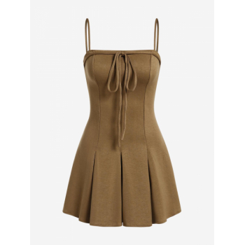 Casual Solid Color Sleeveless Zip Back Pleated Mini Dress S Light coffee