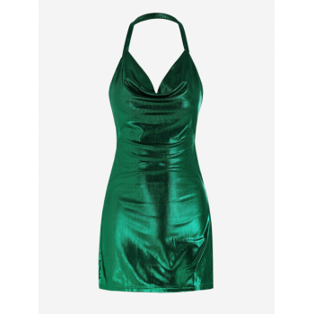 Mini Dress Metallic Cowl Front Halter Backless Slit Mini Party Dress S Green