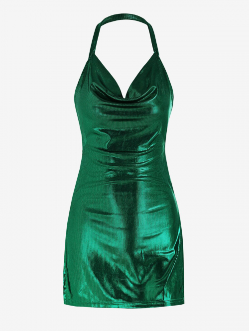 Mini Dress Metallic Cowl Front Halter Backless Slit Mini Party Dress S Green