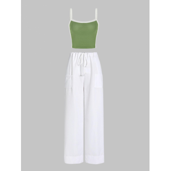 Women's Colorblock Crop Tank Top Solid Color Wide Leg Cargo Parachute Pants Set Light green