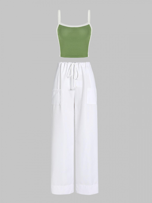 Women's Colorblock Crop Tank Top Solid Color Wide Leg Cargo Parachute Pants Set Light green