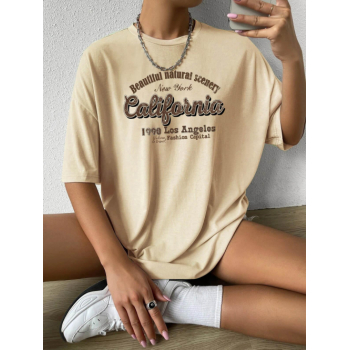 Fashion Women Tees Women's Casual California Letter Print Drop Shoulder Half Sleeve Loose T Shirt L Light coffee