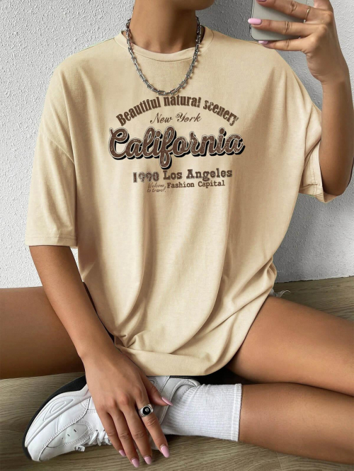 Fashion Women Tees Women's Casual California Letter Print Drop Shoulder Half Sleeve Loose T Shirt L Light coffee