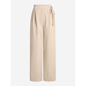 Office Tie Waist Pleated Straight Pants S Light coffee