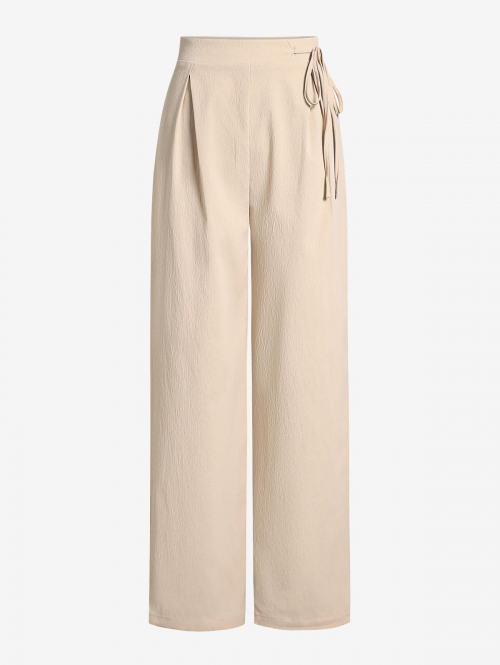 Office Tie Waist Pleated Straight Pants S Light coffee