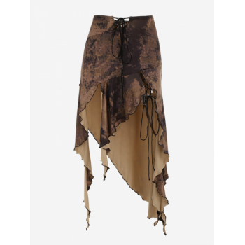 Tie Dye Lace Up Slit Asymmetric Skirt L Deep coffee