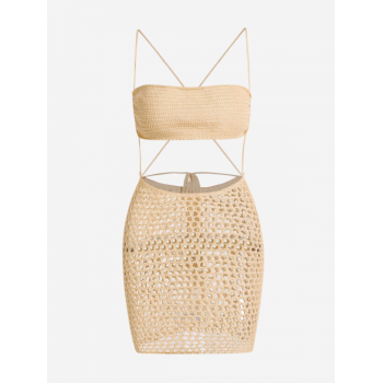 Mini Dress Criss Cross Crochet Cut Out Backless Mini Bodycon Dress S Light coffee