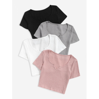 Fashion Women Tees 4Pcs Basic Ribbed Knit Notched Collar Crop Tee L