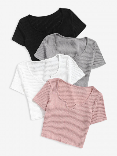 Fashion Women Tees 4Pcs Basic Ribbed Knit Notched Collar Crop Tee L