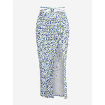 ZAFUL Ribbed Ditsy Print Cinched Slit Midriff Flossing Skirt L Light blue