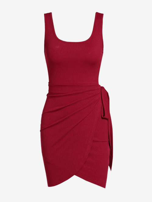 Mini Dress ZAFUL Ribbed Overlap Tied Mini Dress M Deep red