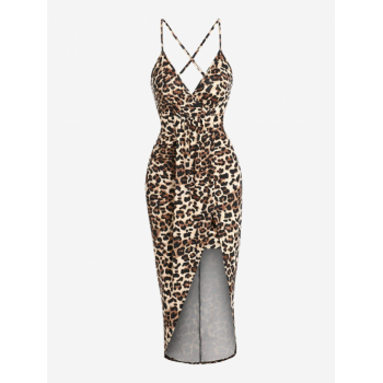 Bodycon Dress ZAFUL Leopard Criss Cross Draped Slit Midi Dress M Deep coffee