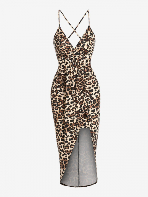 Bodycon Dress ZAFUL Leopard Criss Cross Draped Slit Midi Dress M Deep coffee