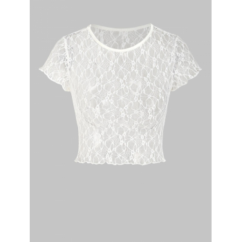 Fashion Women Tees Lace See Thru Crop T Shirt M White