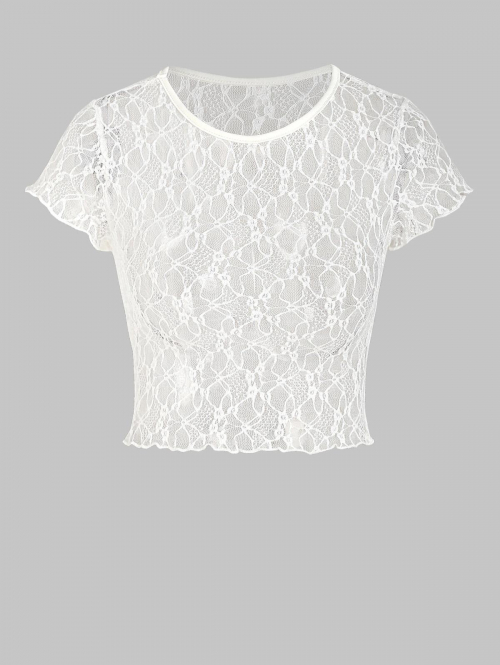 Fashion Women Tees Lace See Thru Crop T Shirt M White