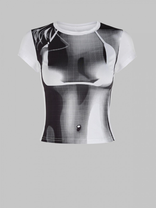 Fashion Women Tees 3D Abstract Trompe L'oeil Illusion Print Short Sleeves Slim Fit T Shirt M Black