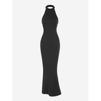 Maxi Solid Color Halter Backless Sexy Bodycon Vegas Dress L Black