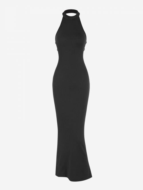 Maxi Solid Color Halter Backless Sexy Bodycon Vegas Dress L Black